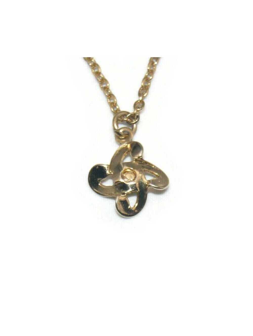 Small Vintage Gold Tone and Green Rhinestone Pinwheel Pendant on 18 Inch Chain.